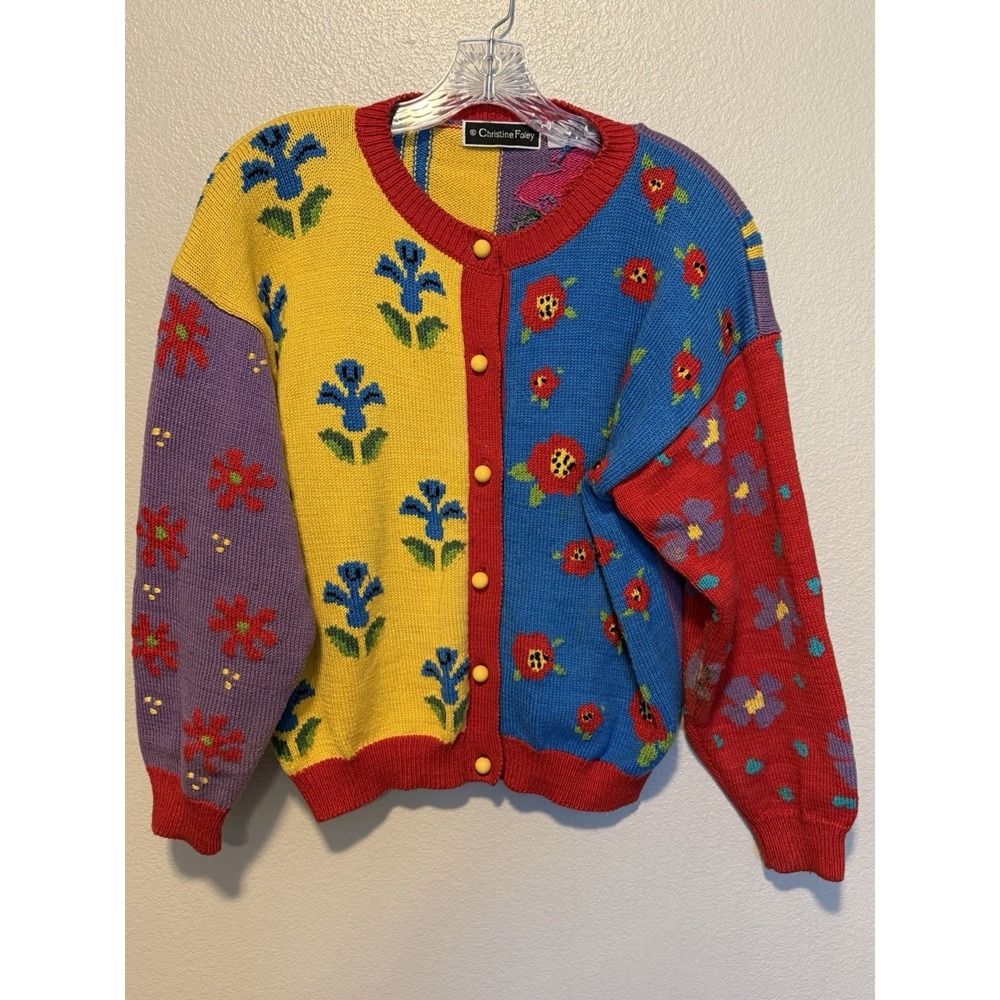 Christine Foley Floral Cardigan Women sz. L Cotton VTG Knit Sweater Colorful